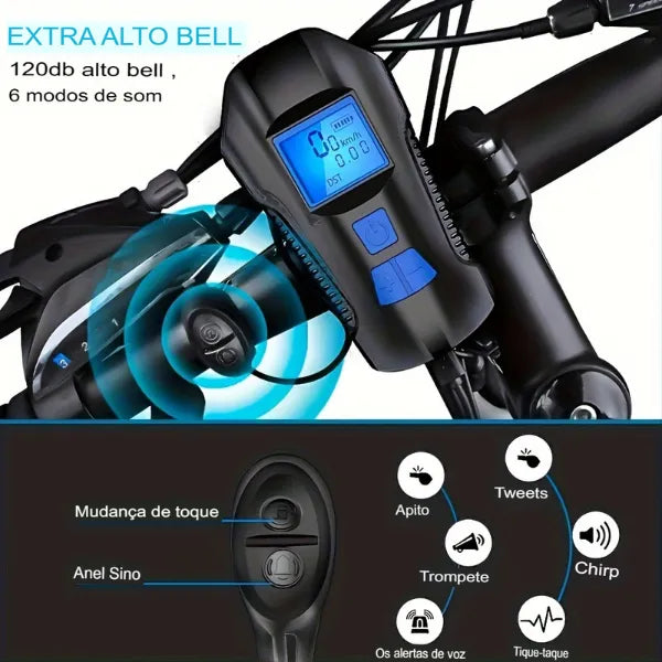 Farol LED com Buzina e Velocímetro USB - Acessório Completo para Ciclistas Acessorios [ Lanternas -bicicleta ] - Farol LED com Buzina e Velocímetro USB - Acessório Completo para Ciclistas Vodebike - Loja Oficial 